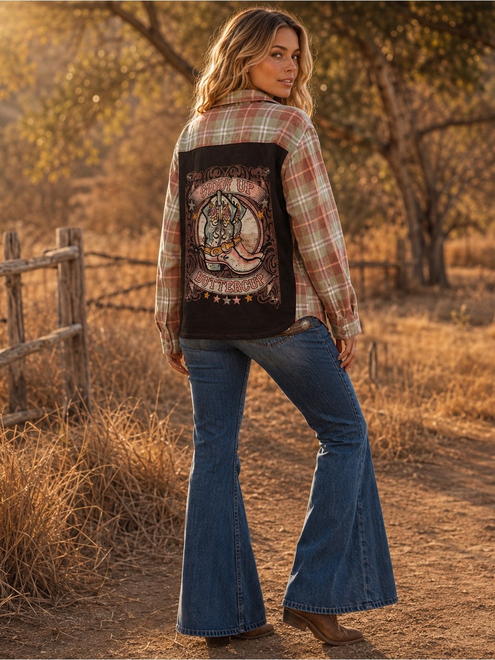Altar’d State Giddy Up Buttercup Plaid Flannel Western Cowgirl Shirt M